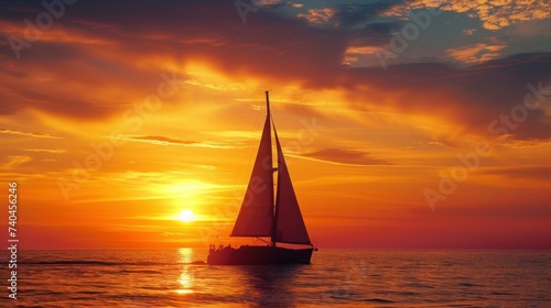 Yacht sailing against sunset. Holiday lifestyle landscape with skyline sailboat. Yachting tourism - maritime evening walk. Romantic trip on luxury yacht during the sea sunset