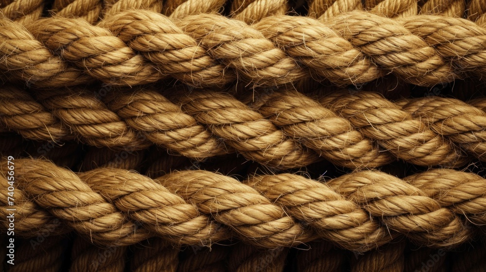 Tied rope in a row in parallel line background in closeup full frame