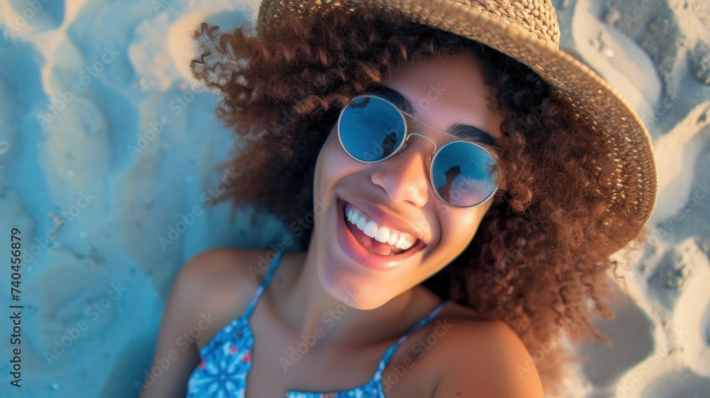 Happy girl taking selfie in summer beach vacation smiling of fun on tropical Caribbean holidays