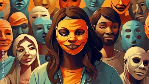 illustration of a person surrounded by many in masks, representing difficulty and challenges of people with multiple personality disorder (MPD), also known as dissociative identity disorder (DID) photo