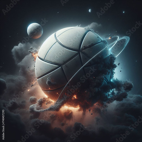 A volleyball ball as a planet in space with black smoke and explosions, moons in the background, digital art.