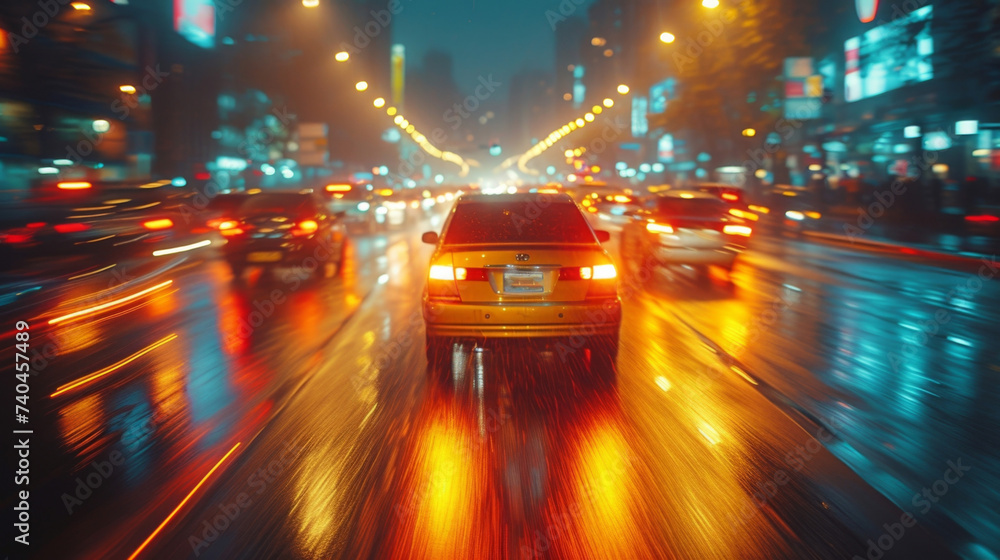 Closeup of blurred car headlights on a nighttime highway capturing the rush of traffic and movement.