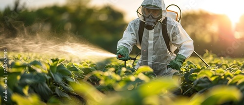 Portrait of a farmer spraying in field wearing protective suit in blurry site with space for text or product, Generative AI.