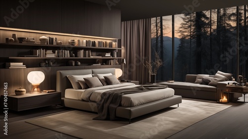 A luxurious bedroom with light tan bedding and dark chocolate accent wall