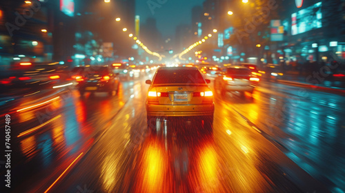 Closeup of blurred car headlights on a nighttime highway capturing the rush of traffic and movement.