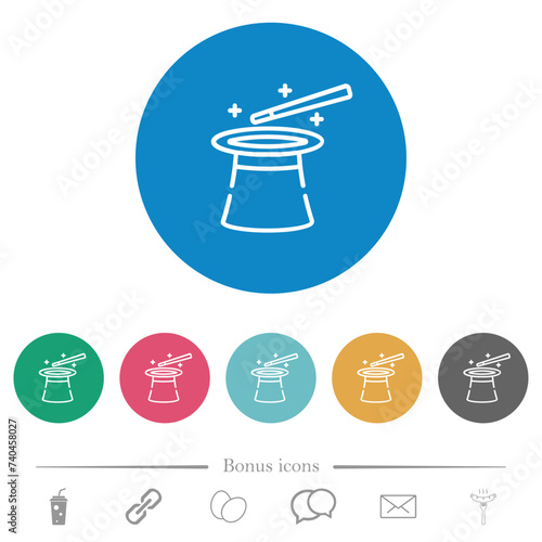 Magic hat and wand outline flat round icons