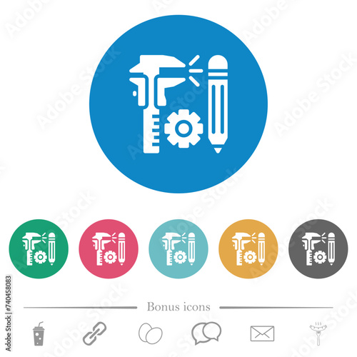 vernier caliper, cogwheel and pencil flat round icons