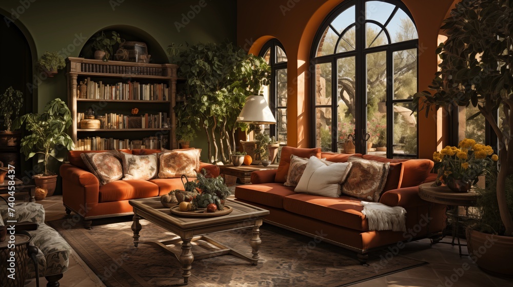 Fototapeta premium A Mediterranean-style living room with olive green walls and terracotta furnishings