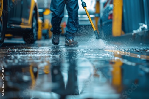 Portrait of a man cleaning driveway road with hose a dark and blurry backdrop with space, Generative AI.