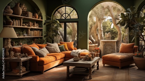 A Mediterranean-style living room with olive green walls and terracotta furnishings