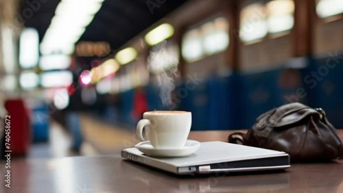 A cup of coffee accompanies you while waiting for the train, animation video  photo