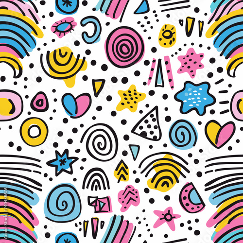 Fun colorful line doodle seamless pattern. Creative minimalist style art background whimsical doodle delight