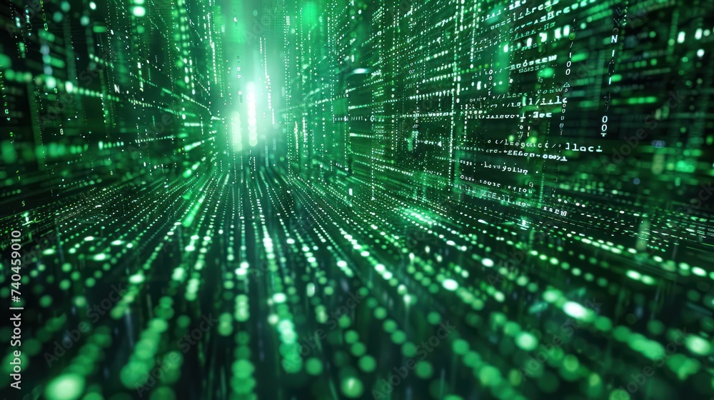 Featuring a digital backdrop with green binary code cascading down, the image conveys the notion of data flow or the Matrix concept. Featuring a digital backdrop with green binary code cascading down, the image conveys the notion of data flow or the Matrix concept.