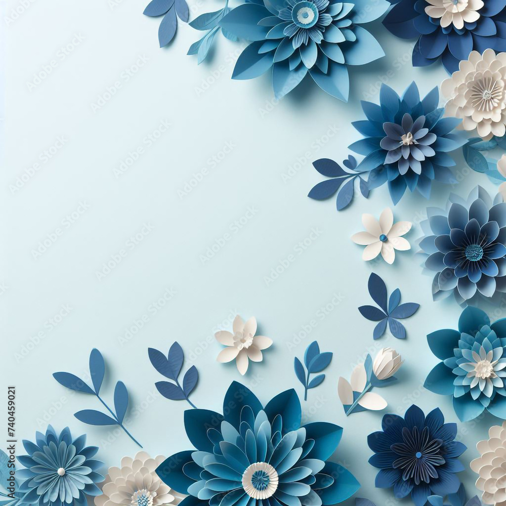 Obraz premium Blue paper flowers backdrop with space for text. Great for International Women's Day and Mother's Day greetings.