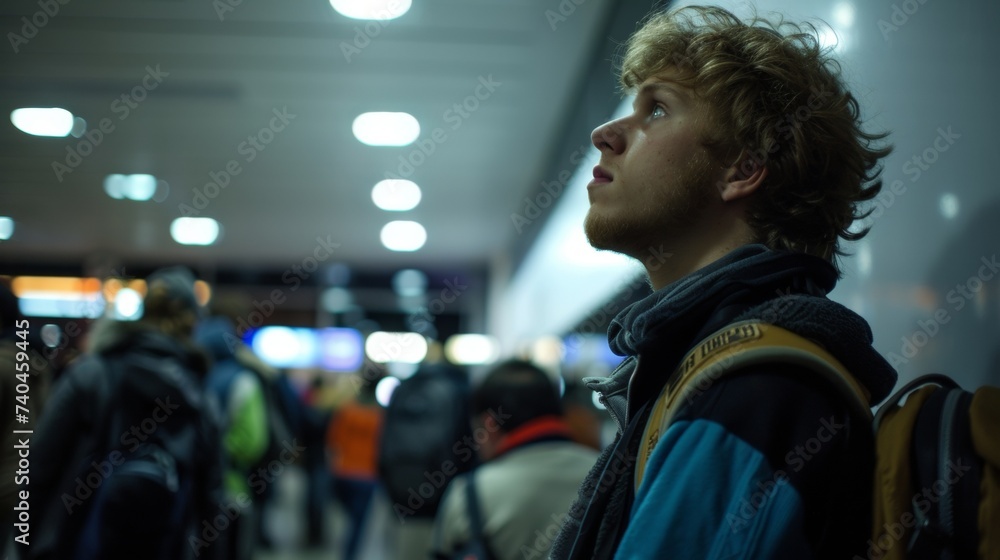 A boredlooking traveler gazes at the ceiling while waiting in line their passport resting in their hand as they anticipate the final hurdle before reaching their destination.