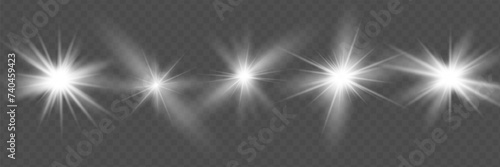 Glow isolated white transparent light effect set, lens flare, explosion, glitter, line, sun flash, spark and stars. Abstract special effect element design.
