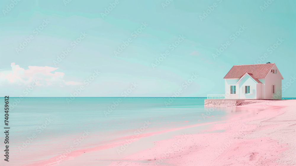 pink beach house on a beach with clouds and pink sky pink beach house on a beach with clouds and pink sky