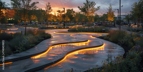 Sunset in the city park. Illumination of the city park.