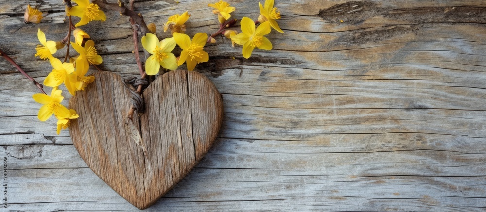 A wooden heart with vibrant yellow forsythia flowers arranged inside, creating a symbol of love and affection. The rustic background adds to the charm of this decorative piece, perfect for Valentines