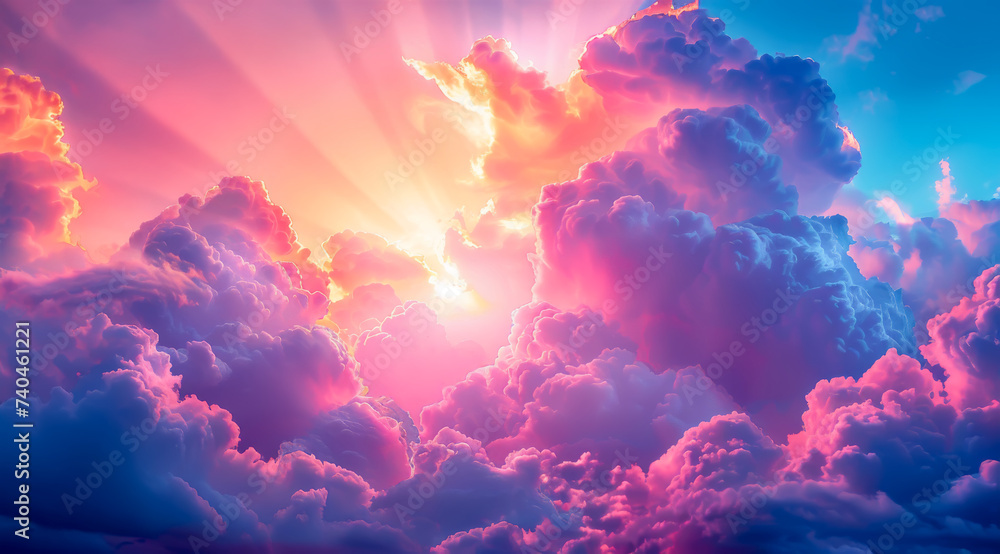 A serene skyscape featuring a sunset among clouds with radiant beams of warm colors,ai generated A serene skyscape featuring a sunset among clouds with radiant beams of warm colors,ai generated