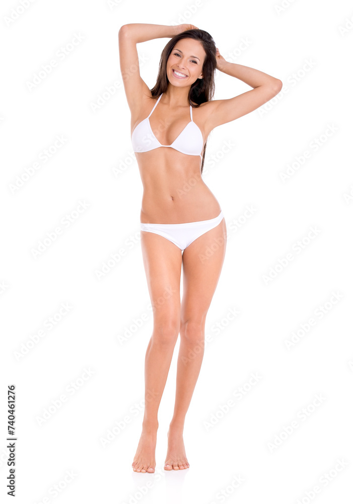 Happy, portrait and woman in bikini on studio, white background and mock up with fashion. Swimwear, model or girl in underwear with confidence for summer, vacation or style for holiday with happiness Happy, portrait and woman in bikini on studio, white background and mock up with fashion. Swimwear, model or girl in underwear with confidence for summer, vacation or style for holiday with happiness