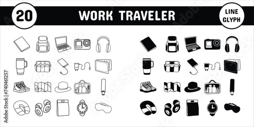 Work Traveler Line Glyph Vector Illustration Icon Sticker Set Design Materials
