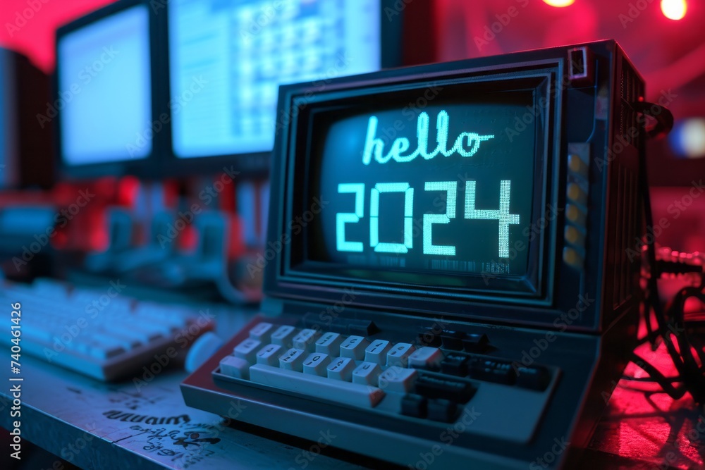 80s computer screen saying Hello 2024 year, cyber punk in pink and violet colors 80s computer screen saying Hello 2024 year, cyber punk in pink and violet colors
