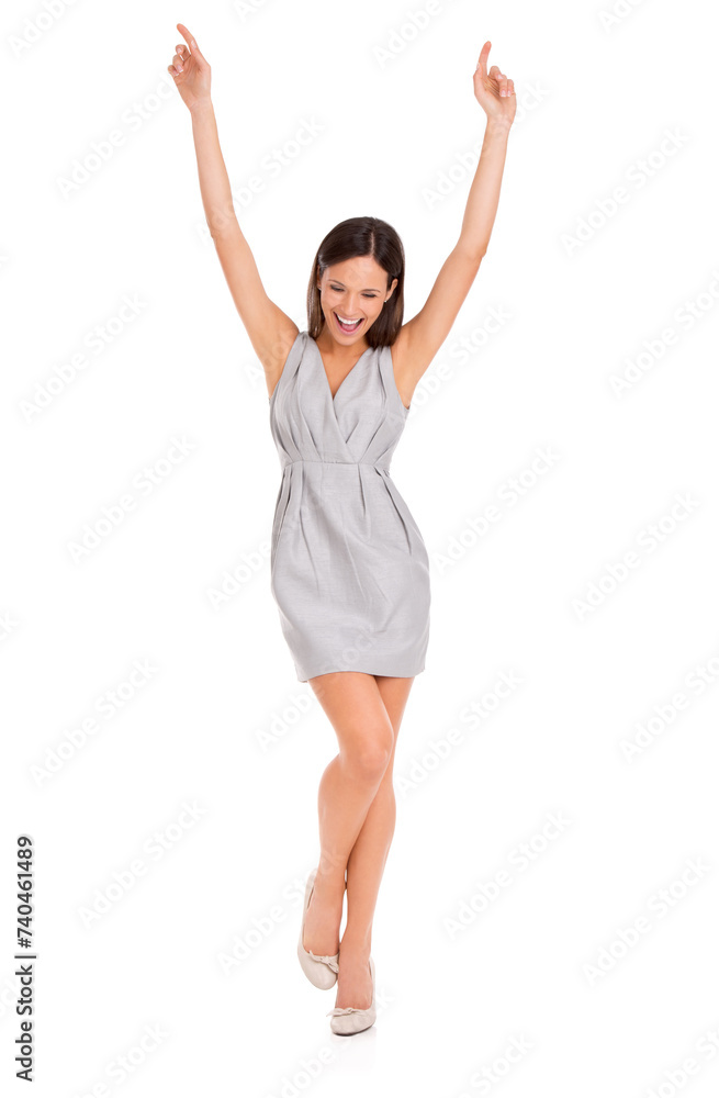 Woman, smile and excited with dancing for success with arms up in studio on white background. Confident, female model and winner with positive energy for celebration, happiness and announcement Woman, smile and excited with dancing for success with arms up in studio on white background. Confident, female model and winner with positive energy for celebration, happiness and announcement