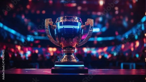 esports winner trophy standing on the stage in the middle of the arena of the computer video game championship