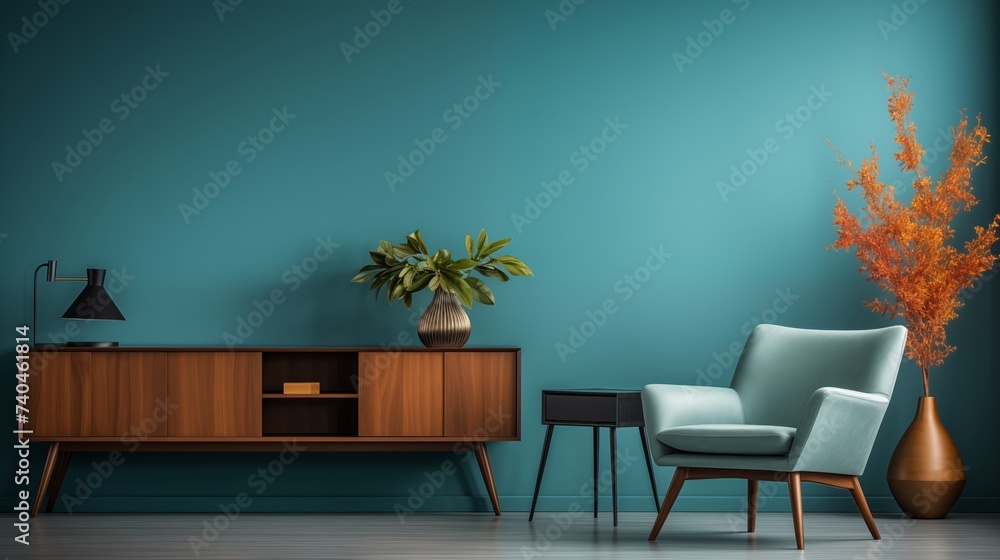 A minimalist home office space with gentle blue accent wall and dark teal desk A minimalist home office space with gentle blue accent wall and dark teal desk