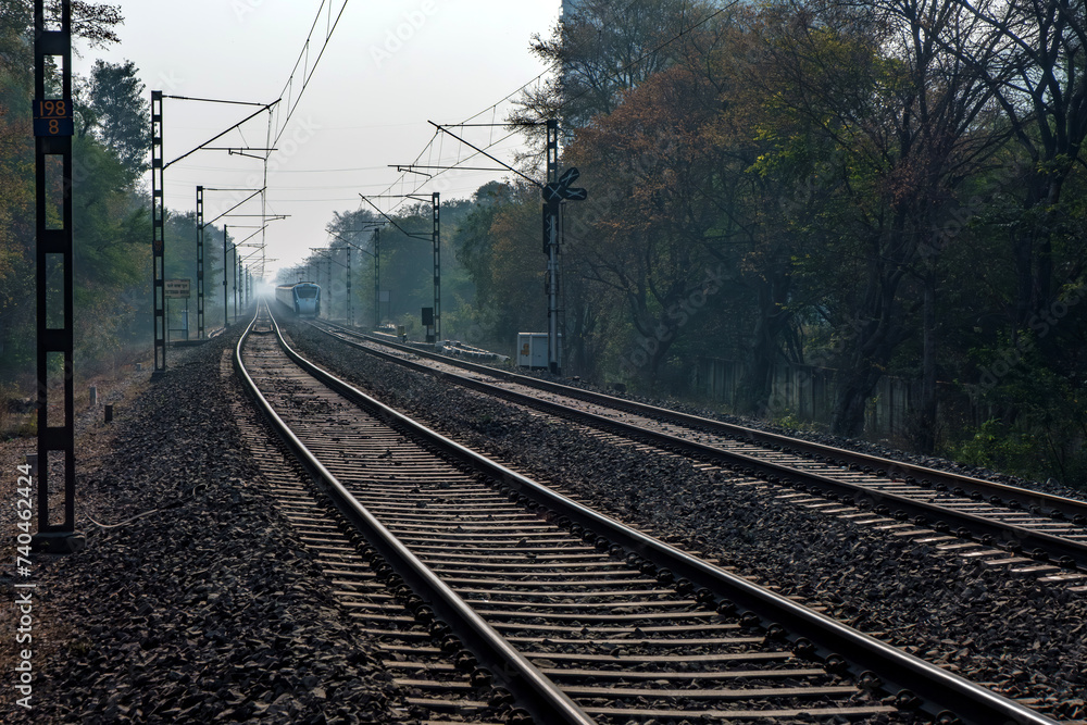 The Solapur Mumbai Vande Bharat Express Train heading towards Mumbai, near Pune India. The Solapur Mumbai Vande Bharat Express Train heading towards Mumbai, near Pune India.