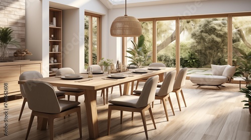 A modern dining room with fresh greenery accents and natural wood furniture