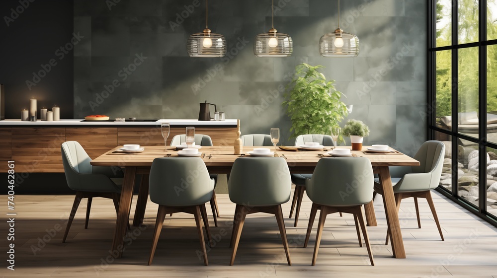 A modern dining room with pale mint upholstered chairs and a charcoal slate accent wall