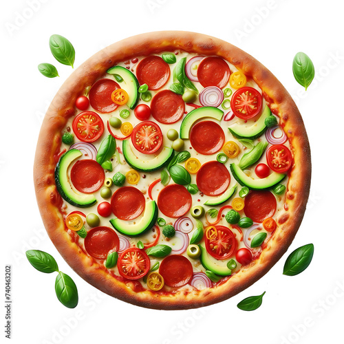 pizza with salami, tomatoes and basil leaves isolated on transparent background, AI generated 