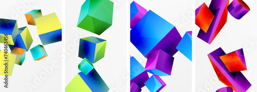 Flying 3d shapes, cubes and other geometric elements background design for wallpaper, business card, cover, poster, banner, brochure, header, website