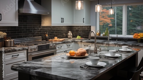 A modern kitchen with light pearl cabinets and rich onyx quartz countertops