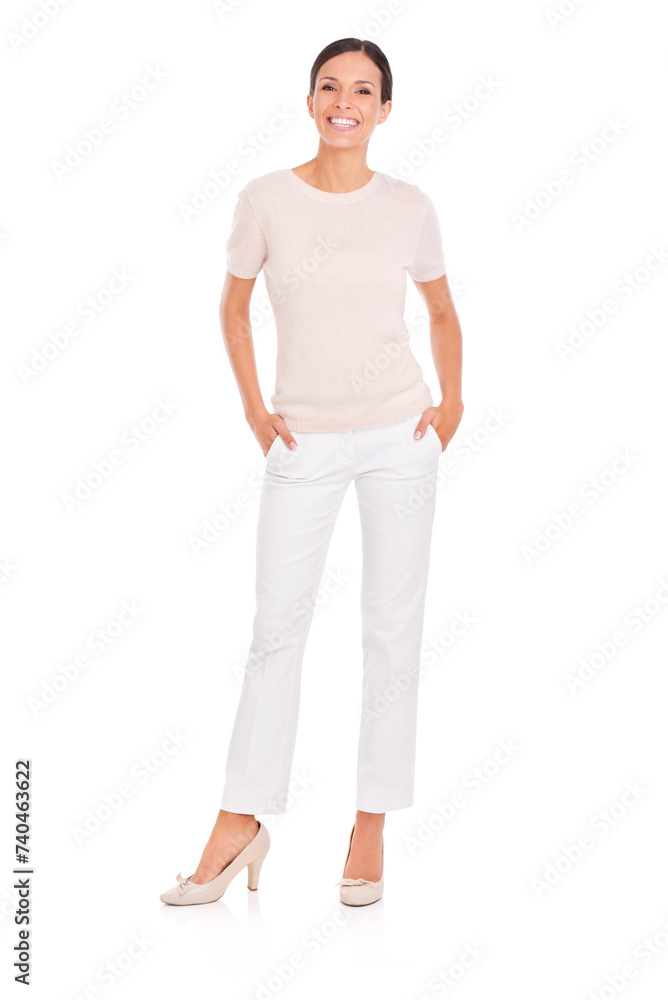 Business woman, portrait and professional in studio, smile and pride for career on white background. Female person, full body and happy for startup company, entrepreneur and positive for opportunity Business woman, portrait and professional in studio, smile and pride for career on white background. Female person, full body and happy for startup company, entrepreneur and positive for opportunity