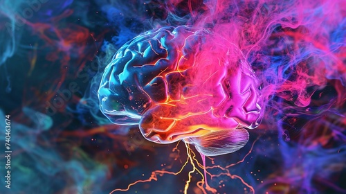 A surreal depiction of a lightning storm inside a transparent brain, set against a backdrop of electrifying, neon colors.