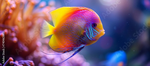 An electric blue fish with a purple fin and tail is gracefully swimming in the underwater world of a coral reef, showcasing the beauty of marine biology and rayfinned fish