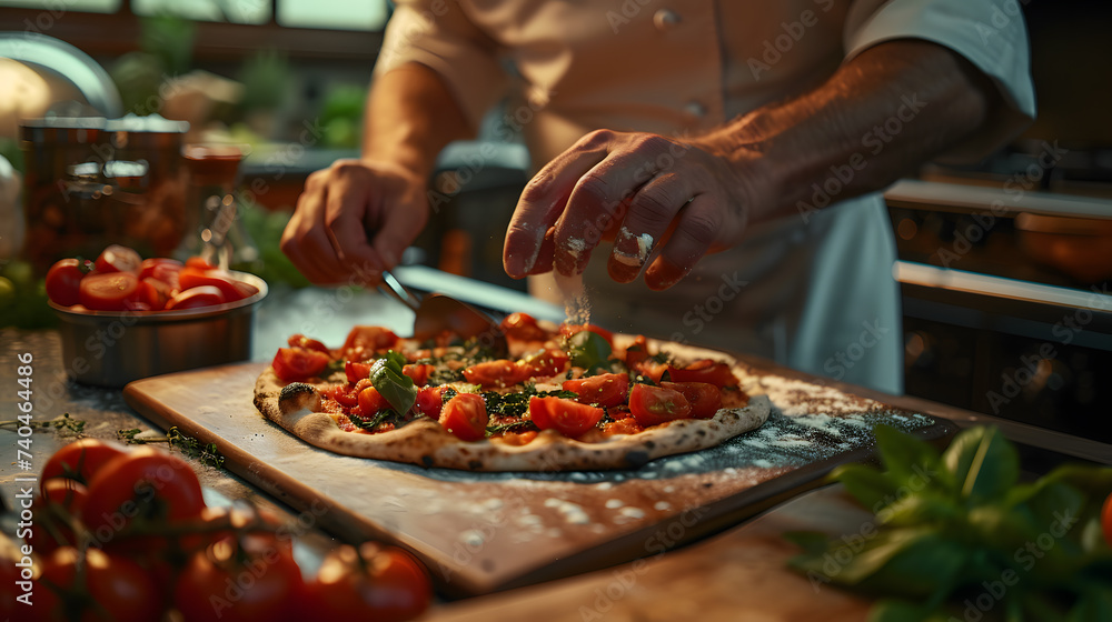 Professional male Chef Preparing Pizza in a restaurant. Adding Ingredients, Special Sauce, Cheese, Traditional Family Recipe. Authentic Italian Pizzeria. AI