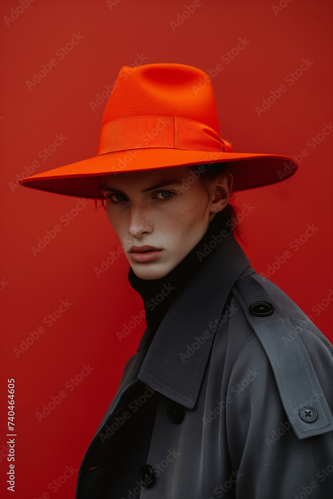 Fashionable man stands indoors against a red wall, wearing a fedora and a coat, their headdress adding a touch of style to their outerwear Fashionable man stands indoors against a red wall, wearing a fedora and a coat, their headdress adding a touch of style to their outerwear