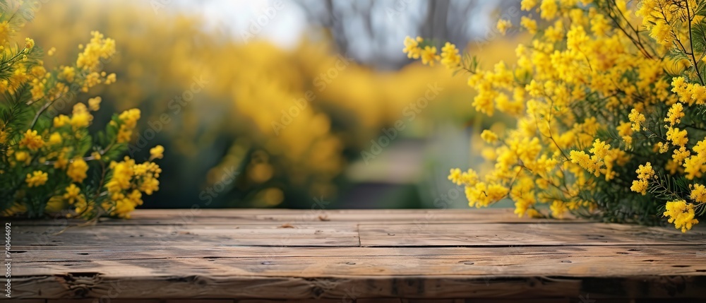 Springtime mimosa sprigs and a hazy floral backdrop pack a devoid wooden table and space, Generative AI.