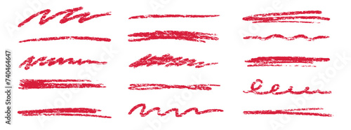 Crayon brush stroke red underline. Chalk pen highlight stroke. Vector hand drawn brush underline element set for accent, crayon texture emphasis element. Red chalk vector illustration photo