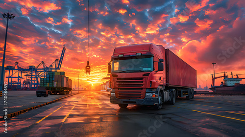 Container truck in ship port business logistics and transportation of container cargo ship and cargo plane with working crane bridge in shipyard at sunrise, logistic import export and transport. AI