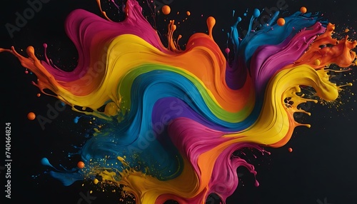 design illustration of flat 3D colorful paint splashed on a black background, in the style of organic and flowing forms © Hans