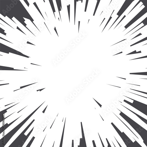 Manga speed lines effect. Anime comic radial burst background. Light rays power splash. Vector black stripes abstract perspective template.