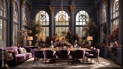 A regal dining room with royal purple walls and golden yellow accent furniture