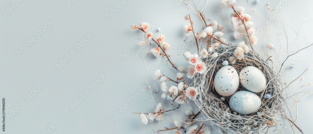 Easter eggs and flowers in a nest, soft color background with copy space
