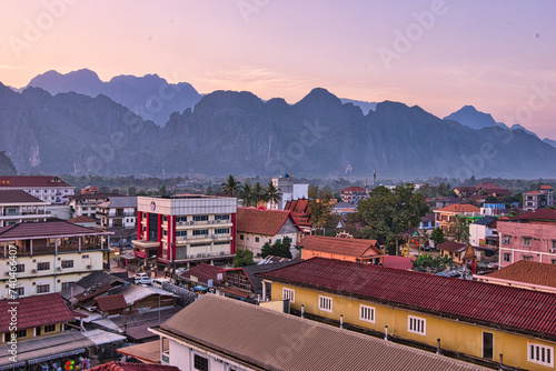 Vang vieng Laos - February 15 2024 : Mountain view and nature at Vang Vieng, Laos, a tourist-oriented town surround with karst hill landscape in Vientiane Province, Laos.