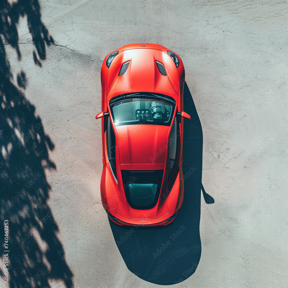 Fototapeta premium Urban Style: High-Resolution Top View of a Bright Red Sports Car Parked on Textured Concrete, Exuding Elegance and Speed